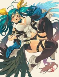 Rule 34 | 1girl, asymmetrical wings, belt, black panties, black thighhighs, blue hair, blush, boots, breasts, choker, detached sleeves, dizzy (guilty gear), guilty gear, guilty gear xrd, hair between eyes, hair ribbon, hair rings, highres, large breasts, long hair, long sleeves, looking at viewer, monster girl, navel, open mouth, panties, parted lips, poch4n, red eyes, ribbon, signature, solo, tail, tail ornament, tail ribbon, thick thighs, thigh strap, thighhighs, thighs, twintails, underwear, very long hair, wings, yellow ribbon