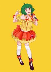 Rule 34 | 1girl, blouse, boots, commentary, detached sleeves, full body, green hair, highres, idol, m/, macross, macross frontier, microphone, music, ojipon, pleated skirt, ranka lee, red eyes, seikan hikou, shirt, short hair, simple background, singing, skirt, solo, symbol-only commentary, thighhighs, white thighhighs, yellow background, yellow shirt