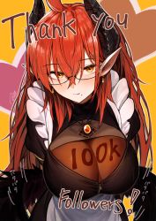 Rule 34 | 1girl, absurdres, ahoge, apron, black dress, blush, breasts, closed mouth, crossed bangs, demon horns, dress, earrings, hair between eyes, highres, horns, isabella (marse), jewelry, large breasts, long hair, looking at viewer, marse (rokudaime), milestone celebration, mole, mole under mouth, necklace, original, pointy ears, red hair, smile, solo, sound effects, thank you, white apron, yellow eyes