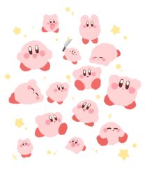 Rule 34 | :o, arms up, black eyes, blush stickers, colored skin, commentary request, harukui, highres, holding, holding knife, kirby, kirby (series), knife, lying, multiple views, nintendo, no humans, no lineart, on stomach, open mouth, pink skin, red footwear, shoes, simple background, sitting, sleeping, smile, sparkle, star (symbol), v-shaped eyes, white background