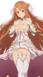 Rule 34 | 1girl, arm armor, armor, armored dress, asuna (sao), asuna (stacia), asymmetrical bangs, braid, breasts, brown eyes, brown hair, censored, clothing aside, clothing cutout, detached collar, detached sleeves, dress, dress aside, french braid, garter straps, gloves, hair ribbon, hands on own chest, highres, hip armor, light blush, long hair, looking at viewer, medium breasts, mosaic censoring, nipples, no armor, open mouth, panties, panty pull, pussy, ribbon, short ponytail, solo, strapless, strapless dress, sword art online, sword art online: alicization, sword art online: alicization - war of underworld, tearing up, thighhighs, toraya (doujintraya), underwear, very long hair, white background, white dress, white garter straps, white gloves, white panties, white ribbon, white sleeves, white thighhighs