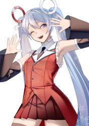 Rule 34 | 1girl, armpits, black necktie, black sleeves, blue eyes, blue hair, commentary, cowboy shot, detached sleeves, hands up, hatsune miku, highres, light blue hair, long hair, looking at viewer, mallope, miniskirt, necktie, number hair ornament, one eye closed, open mouth, pleated skirt, red shirt, red skirt, shirt, simple background, skirt, sleeveless, sleeveless shirt, smile, snowflake print, solo, thighhighs, twintails, very long hair, vocaloid, white background, yuki miku