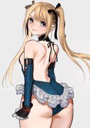 Rule 34 | 1girl, absurdres, ass, ayuyaki, back, bare shoulders, black ribbon, blonde hair, blue eyes, blue leotard, blue one-piece swimsuit, breasts, dead or alive, dead or alive 5, detached sleeves, frilled leotard, frills, hair ornament, hair ribbon, hands on own hips, highres, leotard, looking at viewer, looking back, marie rose, one-piece swimsuit, one eye closed, ribbon, sideboob, simple background, small breasts, smile, solo, standing, swimsuit, twintails, white background, x hair ornament
