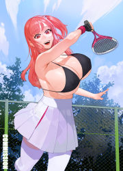 Rule 34 | 1girl, absurdres, armpits, bikini, breasts, dead or alive, dead or alive 5, dead or alive xtreme, fence, hair ornament, highres, holding, holding racket, honoka (doa), huge breasts, large breasts, long hair, one side up, open mouth, pink hair, racket, red eyes, skull hair ornament, smile, sohn woohyoung, solo, sportswear, standing, swimsuit, tennis court, tennis dress, tennis racket, tennis uniform, thighhighs