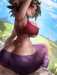 Rule 34 | 1girl, abs, absurdres, alamander, arm up, armpits, artist name, ass, blush, bra, breasts, butt crack, caulifla, cleavage, covered erect nipples, dragon ball, highres, large breasts, looking at viewer, looking back, muscular, muscular female, no panties, outdoors, pants, sitting, smile, solo, underwear, wristband