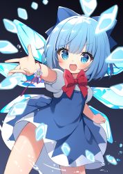 Rule 34 | 1girl, absurdres, blue bow, blue dress, blue eyes, blue hair, blue wings, bow, breasts, cho kagaku no rei kyoju, cirno, cryokinesis, dress, flower, hair bow, highres, ice, ice wings, legs apart, looking at viewer, medium hair, open mouth, outstretched arm, puffy short sleeves, puffy sleeves, shirt, short dress, short sleeves, sleeveless, sleeveless dress, small breasts, smile, solo, standing, touhou, white flower, white shirt, wings