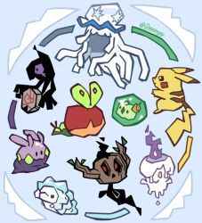 Rule 34 | applin, blue background, commentary, creature, creatures (company), english commentary, galarian form, galarian yamask, game freak, gen 1 pokemon, gen 5 pokemon, gen 6 pokemon, gen 7 pokemon, gen 8 pokemon, goomy, gooompy, litwick, nihilego, nintendo, no humans, phantump, pikachu, pokemon, pokemon (creature), signature, simple background, snom, solosis, ultra beast