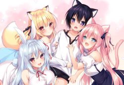 Rule 34 | 1boy, 3girls, :d, animal ears, black hair, black shorts, black skirt, blush, boku no risou no isekai seikatsu, braid, breasts, cat ears, cat girl, cat tail, character request, closed mouth, collarbone, collared dress, commentary request, dress, fang, fox ears, fox girl, fox tail, grey hair, highres, large breasts, long hair, multiple girls, neck ribbon, off-shoulder shirt, off shoulder, open mouth, pink hair, purple eyes, rabbit ears, rabbit girl, rabbit tail, red eyes, red ribbon, ribbon, shirt, short shorts, shorts, skirt, sleeveless, sleeveless dress, smile, sorai shin&#039;ya, suspender skirt, suspenders, tail, very long hair, white dress, white shirt