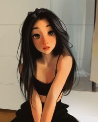 Rule 34 | 1girl, bare arms, bare shoulders, black hair, breasts, brown eyes, cleavage, collarbone, highres, lips, long hair, looking at viewer, parted lips, photo-referenced, real life, sam yang, solo