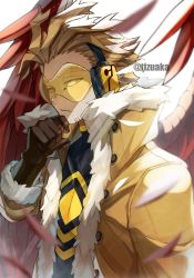 Rule 34 | 1boy, blonde hair, bloom, blurry, bodysuit, bodysuit under clothes, boku no hero academia, costume, depth of field, facial hair, facial mark, falling feathers, feathered wings, feathers, fur-trimmed jacket, fur trim, gloves, goatee, hawks (boku no hero academia), headphones, jacket, light particles, light rays, looking at viewer, male focus, pectoral cleavage, pectorals, red feathers, rimless eyewear, serious, short hair, skin tight, solo, stubble, tinted eyewear, tonbanlove, toned, toned male, twitter username, underpec, upper body, wings, yellow eyes