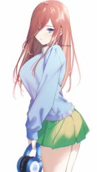 Rule 34 | 1girl, absurdres, artist name, bad id, bad pixiv id, blue cardigan, blue eyes, blush, breasts, cardigan, closed mouth, go-toubun no hanayome, green skirt, headphones, highres, holding, holding headphones, large breasts, laudayon, long hair, looking at viewer, nakano miku, red hair, shirt, skirt, solo, standing, white background, white shirt