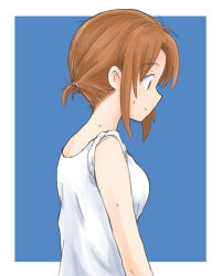 Rule 34 | 1girl, alternate hairstyle, blue background, brown eyes, brown hair, closed mouth, commentary, from side, girls und panzer, hair tie, hair up, looking to the side, mutsu (layergreen), nishizumi miho, shirt, short hair, sleeves rolled up, smile, solo, sweat, white shirt