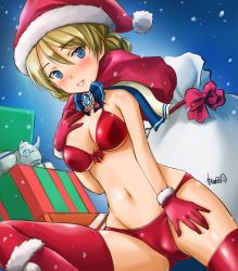 Rule 34 | 10s, 1girl, artist name, bad id, bad twitter id, bag, bikini, blonde hair, blue background, blue eyes, blush, boots, bow, braid, breasts, brooch, caplet, christmas, cleavage, cowboy shot, cup, darjeeling (girls und panzer), dutch angle, front-tie bikini top, front-tie top, girls und panzer, gloves, groin, haruhata mutsuki, hat, jewelry, leg up, looking at viewer, medium breasts, navel, oversized object, parted lips, red bikini, red footwear, red gloves, santa costume, santa hat, short hair, signature, smile, snow, solo, standing, swimsuit, teacup, teapot, thigh boots, thighhighs, thighs, twin braids