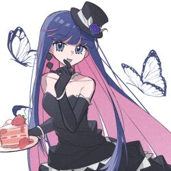 Rule 34 | 1girl, bare shoulders, black dress, black gloves, blue eyes, blue flower, blue rose, bug, butterfly, cake, cake slice, colored inner hair, dress, flower, food, fruit, gloves, hat, hat flower, highres, holding, holding spoon, insect, long hair, looking at viewer, mini hat, mini top hat, moxue242, multicolored hair, panty &amp; stocking with garterbelt, pink hair, rose, solo, spoon, stocking (psg), strawberry, streaked hair, top hat, two-tone hair, utensil in mouth, very long hair