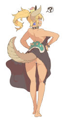 Rule 34 | 1girl, 999knight, ?, ass, bare back, bare legs, barefoot, black dress, blonde hair, bowsette, bracelet, collar, crown, dress, earrings, feet, female focus, highres, horns, jewelry, lizard tail, mario (series), new super mario bros. u deluxe, nintendo, panties, pointy ears, ponytail, sharp teeth, simple background, solo, spiked bracelet, spiked collar, spikes, spoken question mark, strapless, super crown, tail, teeth, underwear, white background