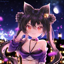 Rule 34 | 1girl, animal ear fluff, animal ears, bad id, bad pixiv id, bare shoulders, black hair, blurry, blurry background, blush, breasts, cityscape, cleavage, closed mouth, collarbone, commission, depth of field, double bun, eyebrows hidden by hair, hair between eyes, hair bun, halterneck, hand up, jacket, long hair, long sleeves, medium breasts, nami (nyaa), navel, night, night sky, original, outdoors, purple jacket, red eyes, sky, smile, solo, twintails, upper body, v-shaped eyebrows