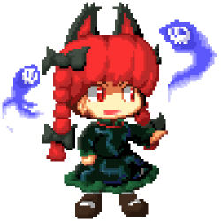 Rule 34 | 1girl, animal ears, bad id, bad pixiv id, braid, cat ears, cat girl, female focus, full body, ghost, kaenbyou rin, long hair, lowres, pixel art, red eyes, red hair, ribbon, simple background, solo, standing, touhou, twin braids, twintails, white background