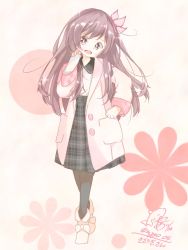 Rule 34 | 1girl, alternate costume, black pantyhose, blouse, boots, brown hair, casual, chame (myyo04), coat, dated, flower, full body, fur-trimmed boots, fur trim, head tilt, kantai collection, kisaragi (kancolle), long hair, long sleeves, looking at viewer, open mouth, pantyhose, pink coat, pleated skirt, purple eyes, ribbon, shirt, signature, skirt, smile, solo, traditional media, twitter username