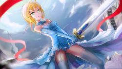 Rule 34 | 1girl, ahoge, artoria pendragon (fate), bad id, bad pixiv id, blonde hair, dress, elbow gloves, fate/stay night, fate (series), garter straps, gloves, green eyes, highres, saber (fate), solo, sword, thighhighs, wangchuan de quanyan, weapon