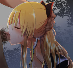 Rule 34 | 10s, 1girl, bare shoulders, blonde hair, blush, bow, choker, cum, cum in mouth, deepthroat, closed eyes, fellatio, forced, from side, granblue fantasy, hair bow, hand on another&#039;s head, irrumatio, izumi arima, long hair, oral, penis, ponytail, profile, pubic hair, solo focus, sweat, uncensored, vira (granblue fantasy)