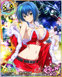 Rule 34 | 10s, 1girl, belt, blue hair, breasts, card (medium), character name, chess piece, christmas, christmas tree, cleavage, covered erect nipples, female focus, green hair, high school dxd, high school dxd born, jewelry, knight (chess), large breasts, midriff, multicolored hair, necklace, official art, santa costume, short hair, skirt, smile, solo, trading card, two-tone hair, xenovia quarta, yellow eyes