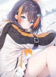 Rule 34 | 1girl, :o, black hair, blush, breath, commentary request, day, deyui, drawstring, feet out of frame, fish hair ornament, hair ornament, highres, hood, hood down, hoodie, long sleeves, looking at viewer, multicolored hair, nijisanji, nijisanji en, orange hair, outdoors, parted lips, petra gurin, petra gurin (1st costume), pleated skirt, puffy long sleeves, puffy sleeves, skirt, snow, solo, streaked hair, virtual youtuber, white hoodie, white skirt