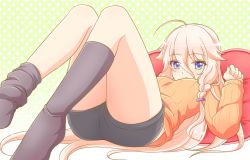 Rule 34 | 1girl, :o, ahoge, alternate costume, ass, black socks, black shorts, blue eyes, blush, braid, casual, covered mouth, eyebrows, from below, green background, hair between eyes, hair flaps, ia (vocaloid), kneehighs, long hair, long sleeves, loose clothes, lying, no shoes, on back, on bed, orange sweater, pillow, polka dot, polka dot background, sakidaminami, shorts, socks, solo, sweater, twin braids, very long hair, vocaloid
