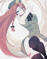 Rule 34 | 1girl, bad id, bad twitter id, beret, black thighhighs, blue eyes, braid, china dress, chinese clothes, closed mouth, dress, green dress, green hat, hat, hat ornament, highres, hong meiling, long hair, looking at viewer, parted bangs, red hair, side braids, sleeveless, solo, star (symbol), star hat ornament, thighhighs, thighs, touhou, twin braids, xx asui