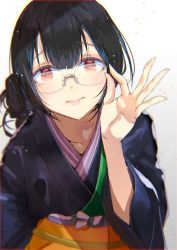 Rule 34 | 1girl, black hair, blue kimono, commentary request, floral print, glasses, gradient background, grey background, highres, idolmaster, idolmaster shiny colors, japanese clothes, kimono, looking at viewer, morino rinze, obi, red eyes, rimless eyewear, sash, short hair, solo, upper body, white background, yae (mono110)