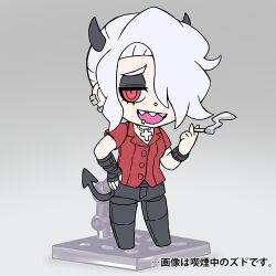 Rule 34 | 1girl, :d, black horns, black pants, cigarette, cross, cross necklace, demon girl, demon tail, helltaker, holding, holding cigarette, horns, jewelry, kyo-hei (kyouhei), lowres, necklace, open mouth, pants, red eyes, red shirt, sharp teeth, shirt, short sleeves, smile, smoking, solo, tail, teeth, tongue, upper teeth only, zdrada (helltaker)