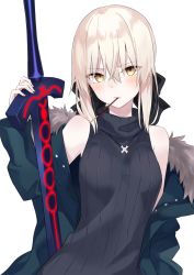 Rule 34 | artoria pendragon (all), artoria pendragon (fate), azuuru, bare shoulders, black bow, black vest, blue jacket, blush, bow, commentary request, excalibur morgan (fate), fate/stay night, fate (series), food, fur-trimmed jacket, fur trim, hair between eyes, hair bow, highres, jacket, jewelry, mouth hold, necklace, off shoulder, open clothes, open jacket, pale skin, pocky, ribbed sweater, saber alter, silver hair, simple background, sleeveless, sleeveless turtleneck, solo, sweater, sweater vest, sword, turtleneck, vest, weapon, white background, yellow eyes