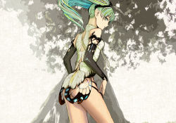 Rule 34 | 1girl, alternate costume, aqua eyes, aqua hair, ass, bad id, bad pixiv id, bare shoulders, bottomless, butterfly wings, detached sleeves, floating hair, from behind, furumi showichi, hatsune miku, insect wings, looking back, no panties, parted lips, pointy ears, profile, solo, tree, twintails, vocaloid, vocaloid append, wings
