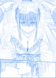 Rule 34 | 1girl, bare shoulders, blue theme, bouquet, breasts, bridal veil, cleavage, closed mouth, comic, commentary request, crying, dress, earrings, flower, getsuyoubi no tawawa, hair bun, hair over eyes, himura kiseki, holding, holding bouquet, jewelry, large breasts, lips, looking at viewer, maegami-chan (tawawa), monochrome, multiple views, necklace, parted lips, sidelocks, silent comic, single hair bun, smile, solo focus, sparkle, strapless, strapless dress, streaming tears, tearing up, tears, veil, veil lift, wedding, wedding dress