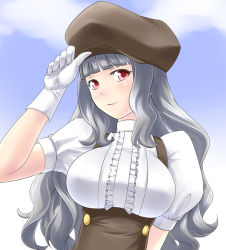 Rule 34 | 1girl, breasts, female focus, gloves, gradient background, hat, idolmaster, idolmaster (classic), large breasts, long hair, outdoors, red eyes, shijou takane, shougi (116), silver hair, sky, solo