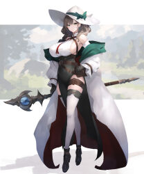Rule 34 | 1girl, absurdres, baketsu, belt, belt pouch, black footwear, blurry, blurry background, breasts, brown belt, brown hair, closed mouth, coat, earrings, green eyes, green ribbon, green skirt, hair over shoulder, hat, hat ribbon, high-waist skirt, highres, holding, holding staff, jewelry, large breasts, necktie, original, pelvic curtain, pouch, red necktie, ribbon, rock, shirt, sideboob, skirt, sleeveless, sleeveless shirt, solo, staff, thigh belt, thigh strap, thighhighs, tree, white coat, white hat, white thighhighs, witch hat