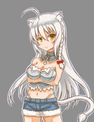 Rule 34 | 1girl, ahoge, animal ears, braid, breasts, bustier, cat ears, cleavage, dog days, fur trim, gankon, highres, leonmitchelli galette des rois, long hair, looking at viewer, medium breasts, midriff, navel, short shorts, shorts, smile, tail, thong, very long hair, yellow eyes