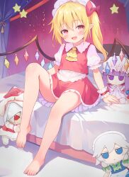 Rule 34 | 1girl, :d, absurdres, arm support, ascot, bare legs, barefoot, blonde hair, bow, child, crystal, fang, feet, flandre scarlet, flat chest, full body, fumo (doll), hair bow, hat, highres, izayoi sakuya, knee up, legs, looking at viewer, mob cap, on bed, one side up, open mouth, patchouli knowledge, pink eyes, pointy ears, red bow, red skirt, red vest, remilia scarlet, short hair, sitting, skin fang, skirt, skirt set, smile, solo, star (symbol), toenails, toes, touhou, vest, wings, wrist cuffs, yellow ascot, youyueyuee