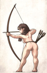 Rule 34 | 1girl, aiming, archery, arrow (projectile), ass, bow (weapon), braid, breasts, brown hair, drawing bow, highres, holding, holding bow (weapon), holding weapon, ironlily, leaning forward, long hair, medium breasts, nude, original, quiver, sideboob, single braid, solo, standing, weapon