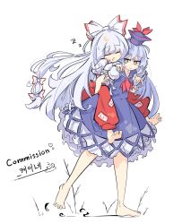Rule 34 | 2girls, baggy pants, barefoot, blue dress, blue hair, blue headwear, blue skirt, bow, brown eyes, carrying, carrying person, closed mouth, collared dress, collared shirt, commission, dress, fujiwara no mokou, full body, hair bow, highres, hime cut, kamishirasawa keine, long hair, long sleeves, multiple girls, neckerchief, ofuda, ofuda on clothes, open mouth, pants, piggyback, primsla, puffy short sleeves, puffy sleeves, red bow, red neckerchief, red pants, shirt, short sleeves, simple background, skirt, sleeping, sleeve garter, suspenders, touhou, translation request, white background, white bow, white hair, white shirt, zzz
