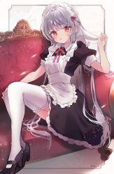 Rule 34 | 1girl, :o, absurdres, apron, black dress, black footwear, breasts, commentary request, couch, dress, frilled apron, frilled dress, frills, grey background, grey hair, hand up, high heels, highres, holding, holding hair, long hair, looking at viewer, maid, maid headdress, on couch, original, parted lips, puffy short sleeves, puffy sleeves, red eyes, sha2mo, shoes, short sleeves, signature, sitting, small breasts, solo, thighhighs, very long hair, white apron, white thighhighs
