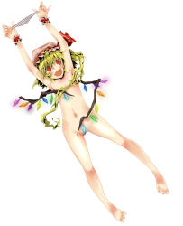 Rule 34 | 1girl, armpits, arms up, barefoot, blonde hair, censored, convenient censoring, embodiment of scarlet devil, fangs, feet, female focus, flandre scarlet, flat chest, hair censor, hat, koge-owl, long hair, navel, nude, panties, red eyes, solo, striped clothes, striped panties, toes, touhou, underwear, very long hair, wings, wrist cuffs