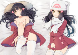Rule 34 | 1girl, bed sheet, black hair, breasts, closed mouth, coat, creatures (company), dawn (pokemon), feet, game freak, hair ornament, hairclip, hat, long hair, looking at viewer, lying, mokorei, nintendo, nipples, on back, open mouth, pillow, pokemon, pokemon adventures, pokemon dppt, red coat, scarf, small breasts, smile, soles, thighhighs, toes, white headwear, white scarf, white thighhighs, yellow eyes, zettai ryouiki