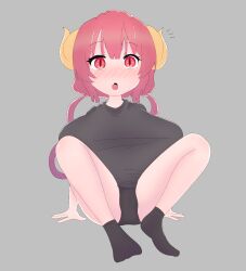 Rule 34 | 1girl, arm support, black shirt, blush, breasts, curled horns, dragon girl, dragon horns, embarrassed, fang, gradient hair, grey background, highres, horns, huge breasts, ilulu (maidragon), kobayashi-san chi no maidragon, long hair, looking at viewer, medium bangs, multicolored hair, non-web source, nose blush, open mouth, oppai loli, pink eyes, pink hair, self-upload, shirt, shortstack, simple background, sitting, sketch, slit pupils, socks, solo, tongue, underwear, yellow horns