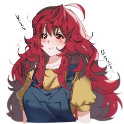 Rule 34 | 1girl, ahoge, arms at sides, blue overalls, blush, closed mouth, cropped torso, egokoro nao, highres, ki113u, kimi ga shine, korean text, long hair, looking up, messy hair, overalls, pocket, puffy short sleeves, puffy sleeves, red eyes, red hair, shirt, short sleeves, sidelocks, simple background, smile, solo, split mouth, white background, yellow shirt
