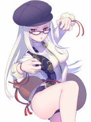 Rule 34 | 1girl, bare legs, black hat, blush, braid, breasts, china dress, chinese clothes, dress, enkyo yuuichirou, fighting stance, fingernails, glasses, gourd, hat, highres, hisho collection, leg lift, long hair, looking at viewer, medium breasts, original, parted lips, purple-framed eyewear, red eyes, short shorts, shorts, simple background, solo, tassel, white background, white hair, zipper