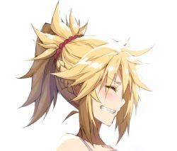Rule 34 | 1girl, :d, blush, braid, commentary request, closed eyes, fate/grand order, fate (series), french braid, from side, hair ornament, hair scrunchie, mordred (fate), mordred (fate/apocrypha), open mouth, ponytail, portrait, profile, scrunchie, sideways mouth, simple background, smile, solo, tonee, white background