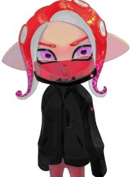 Rule 34 | 1girl, black sweater, commentary request, cowboy shot, kurutot1, looking at viewer, mask, medium hair, nintendo, octoling, octoling girl, octoling player character, pointy ears, purple eyes, red hair, simple background, solo, splatoon (series), standing, sweater, tentacle hair, tongue, tongue out, v-shaped eyebrows, white background