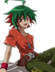 Rule 34 | 1boy, blush, glowing background, green hair, green pants, jewelry, light background, multicolored hair, necklace, open mouth, pants, red eyes, red hair, sakaki yuya, simple background, solo, white background, yu-gi-oh!, yu-gi-oh! arc-v, yuu-gi-ou, yuu-gi-ou arc-v