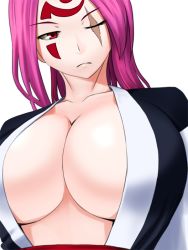 Rule 34 | 1girl, akimichi, arc system works, baiken, breasts, center opening, cleavage, facepaint, guilty gear, huge breasts, long hair, pink hair, purple hair, red eyes, scar, solo, tattoo