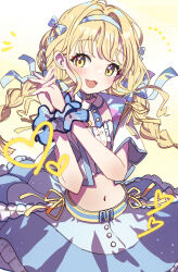 1girl alternate_costume belt blonde_hair blush braid breasts center_frills commentary_request cropped_jacket cropped_shirt fang frilled_wristband frills fujita_kotone gakuen_idolmaster hair_between_eyes hair_ornament hairband heart idolmaster long_hair looking_at_viewer mao_xiaozha_(rumiechen) midriff navel own_hands_clasped own_hands_together sekaiichi_kawaii_watashi_(idolmaster) simple_background small_breasts smile solo twin_braids twintails yellow_eyes